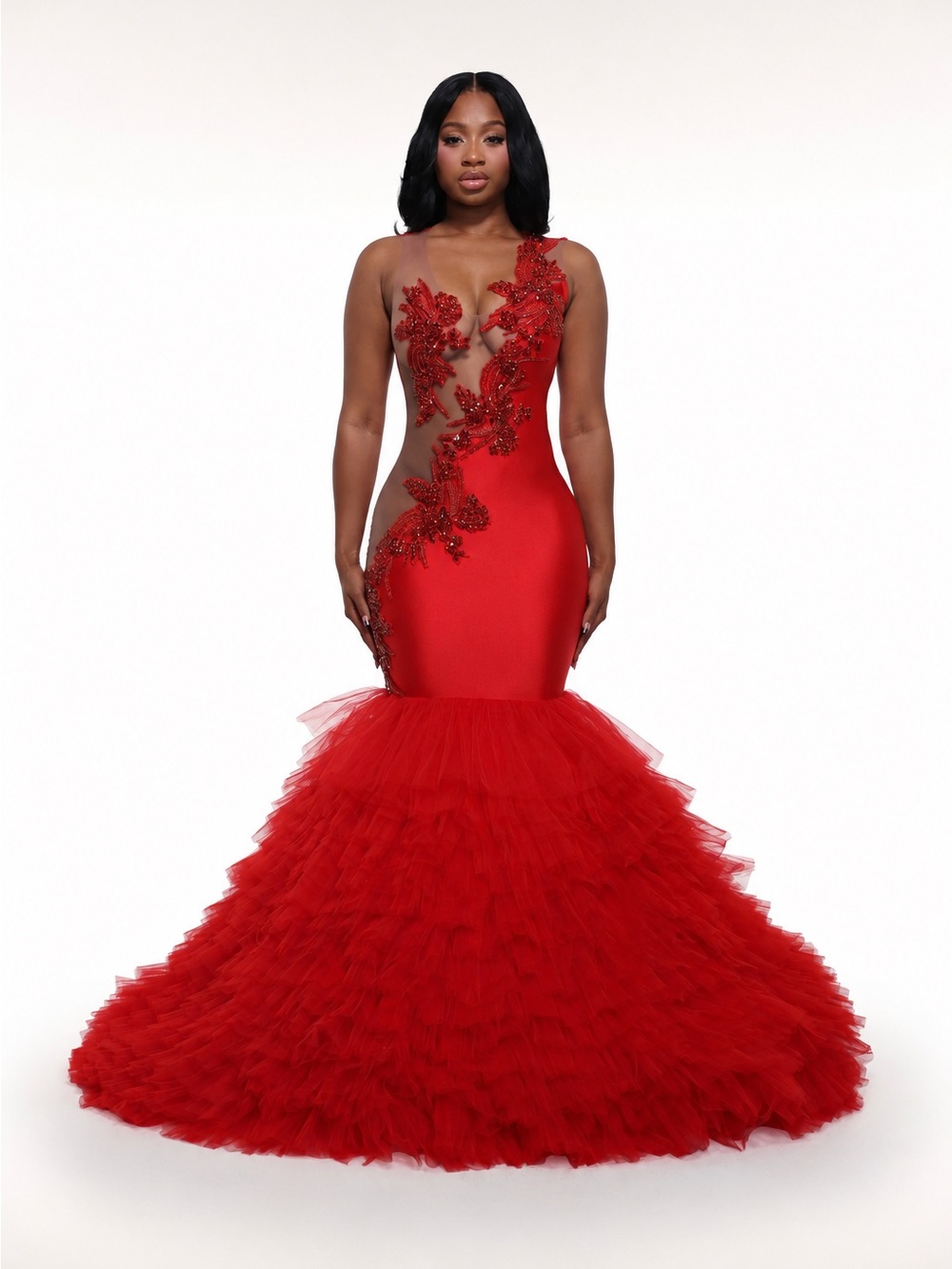 Red Appliqué Alglist Chanelle Rhinestone Mermaid Gown
